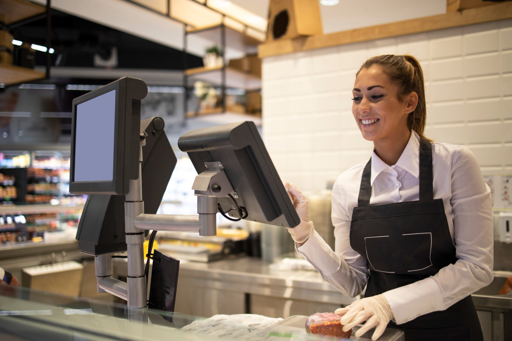 A girl infront of a cashier counter in a shop