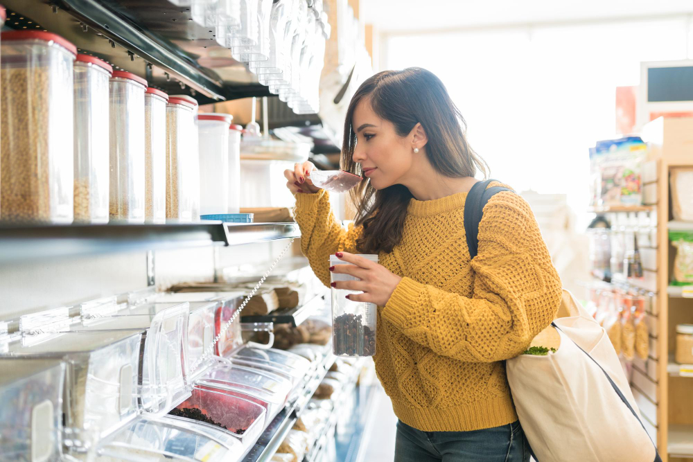 A female looking through groceries at the snack display rack