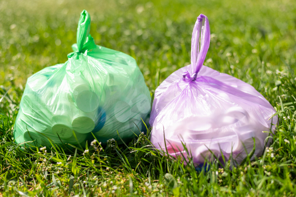 Garbage bags on a field grass