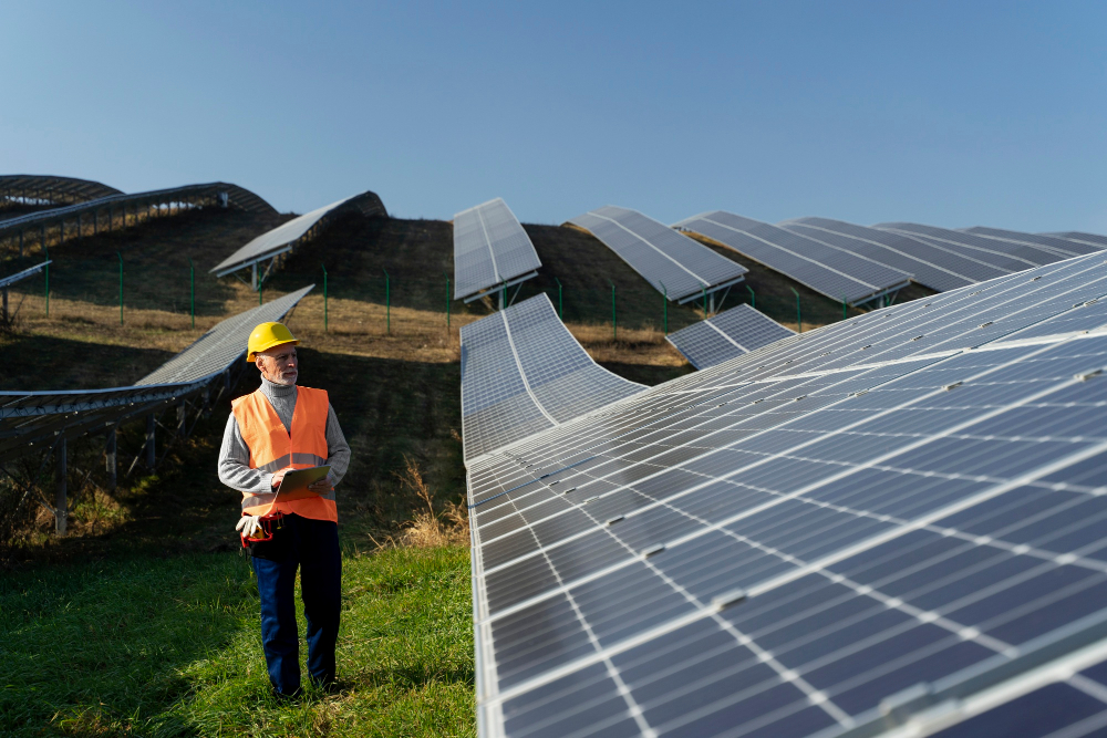 A person monitoring an industrial solar panel installation