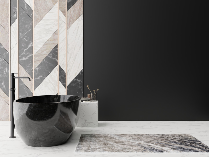 A modern and versatile bathroom tile design with a combination of glossy and matte tiles for the walls and floor.