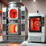 Side-by-side comparison of a heat treatment furnace with a glowing red interior and a vacuum drying oven with a transparent door in an industrial setting.