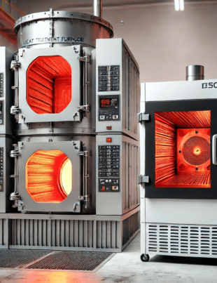 Side-by-side comparison of a heat treatment furnace with a glowing red interior and a vacuum drying oven with a transparent door in an industrial setting.