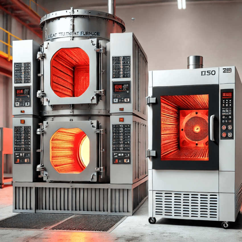 Side-by-side comparison of a heat treatment furnace with a glowing red interior and a vacuum drying oven with a transparent door in an industrial setting.