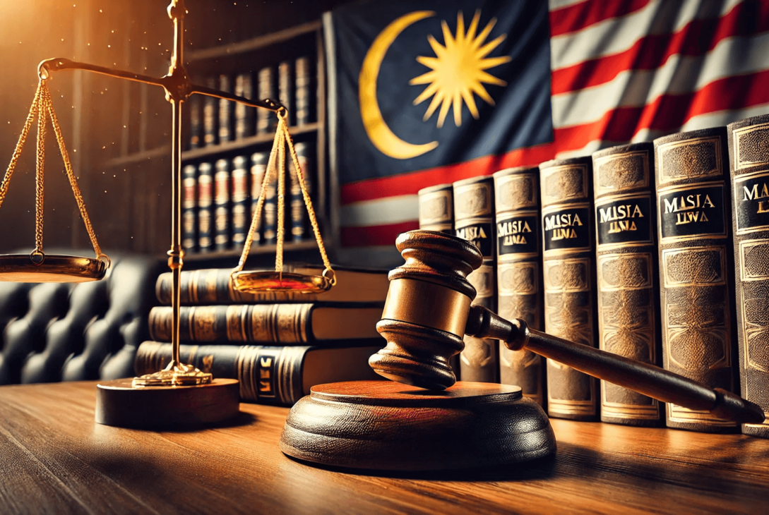 Courtroom scene with gavel and Malaysian flag representing litigation services in KL