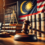 Courtroom scene with gavel and Malaysian flag representing litigation services in KL