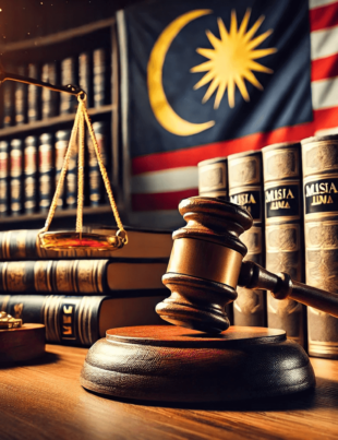 Courtroom scene with gavel and Malaysian flag representing litigation services in KL